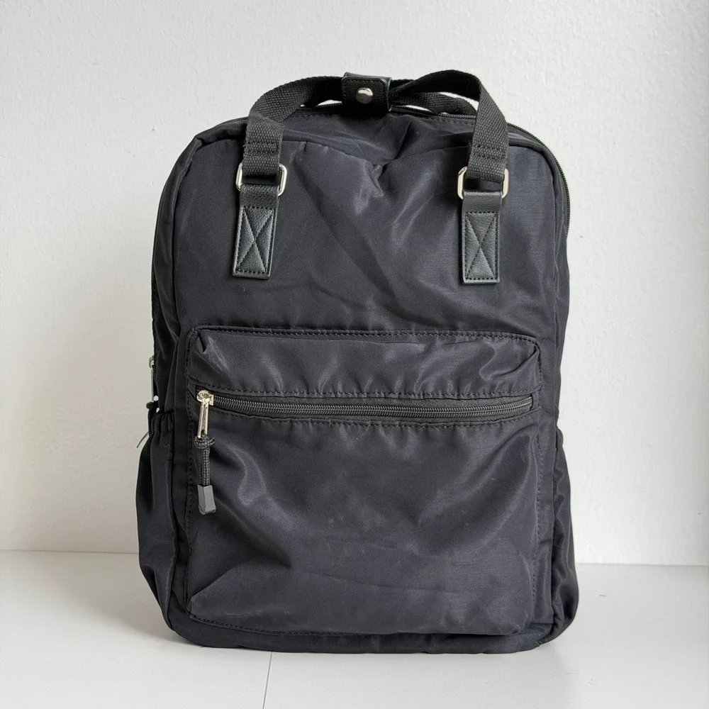 Wild Fable Square Backpack Women Black Solid Nylon 2-Pocket Book Bag Rucksack